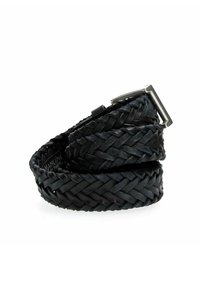 Cintura in pelle intrecciata nera con finitura testurizzata e una fibbia rettangolare metallica. Il design incorpora vari modelli di intreccio.