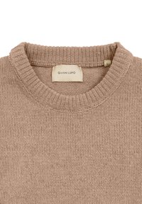 Jasnobrązowy sweter z dzianiny o prążkowanym okrągłym dekolcie, z teksturowanym materiałem oraz metką z napisem "Gianni Lupo" wewnątrz kołnierza.
