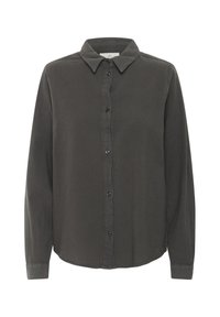 Chemise à manches longues en coton gris foncé, dotée d'un col classique, d'une fermeture à boutons sur le devant et d'une coupe décontractée. Sans motifs ni accents.