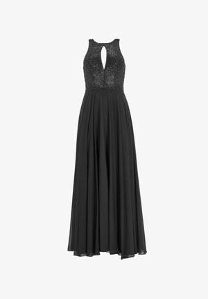 Vestido de noche negro sin mangas con cuerpo de cuentas, escote de llave y falda de chiffon fluida.