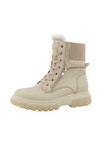 Béžové vysoké boty s tkaničkami a bočním zipem; vyrobené z hladkého materiálu, s akcentem z kordu na vrchu a masivní podrážkou.