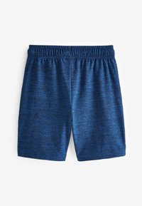Shorts de sport bleus en tissu texturé et évacuant l'humidité, dotés d'une taille élastique et d'une coupe décontractée.