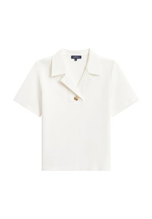 Witte blouse met korte mouwen, een brede kraag en een enkele decoratieve gouden knoop bij de halslijn, maat small.