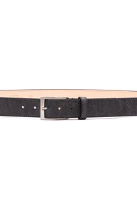 Czarny pasek teksturowany z PVC z metalową srebrną klamrą. Posiada wiele otworów do regulacji oraz gładkie wewnętrzne wykończenie.