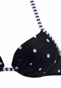 Black bikini top with white polka dots, striped adjustable straps, and padded cups for support. Smooth fabric with a sleek finish.
