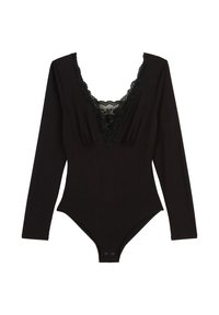 Bodysuit noir à manches longues, avec un décolleté en V profond et des garnitures en dentelle. Texture lisse et fermeture à pression au fond. Design simple.