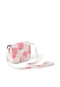 Borsa a tracolla con un motivo floreale rosa e bianco. Realizzata in materiale sintetico liscio, presenta una chiusura a patta e una tracolla regolabile.