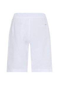 Short blanc avec taille élastique, coupe droite et une poche arrière unique sur le côté droit vue de dos.