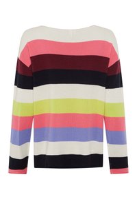 Pull en tricot à manches longues avec des rayures horizontales crème, rose, bordeaux, noir, vert citron vert et lavande, vu de dos.