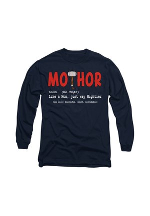Navy long-sleeve shirt with red text "MOTHOR" featuring Thor's hammer and definition comparing a mom to a mightier hero.