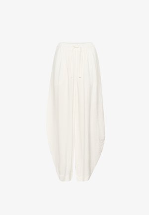 Witte, lichtgewicht, loszittende broeken met een elastische tailleband en een trekkoord. Crepe-textuur met een taps toelopende, haremstijl silhouet.