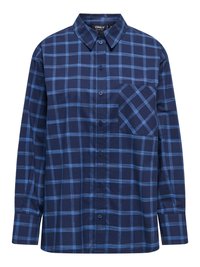 Chemise en flanelle bleu marine à motif quadrillé bleu clair. Manches longues, boutonnage à l'avant et une poche poitrine unique.