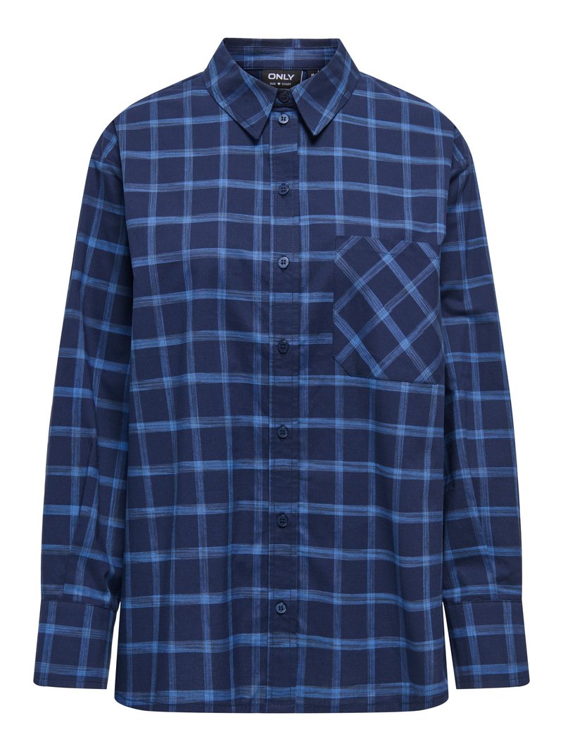 Chemise en flanelle bleu marine à motif quadrillé bleu clair. Manches longues, boutonnage à l'avant et une poche poitrine unique.