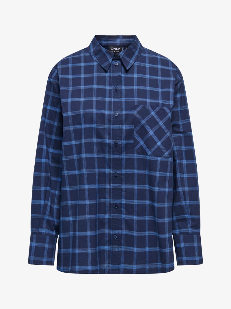 Chemise en flanelle bleu marine à motif quadrillé bleu clair. Manches longues, boutonnage à l'avant et une poche poitrine unique.