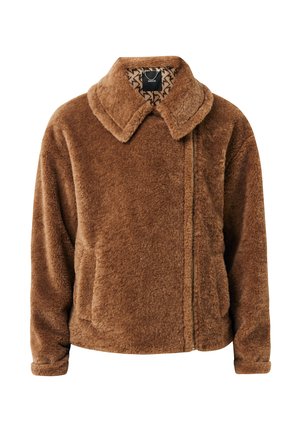 Chaqueta de pelo sintético marrón con cremallera, cuello ancho y bolsillos laterales, que cuenta con un forro interior estampado.