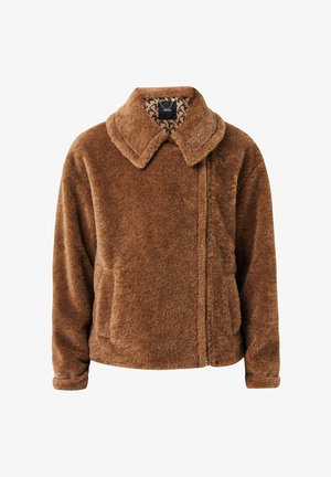 Chaqueta de pelo sintético marrón con cremallera, cuello ancho y bolsillos laterales, que cuenta con un forro interior estampado.