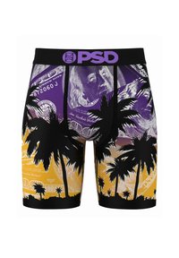Vīriešu bokseri ar purpura un dzeltenu dolāra rēķinu rakstu un melnām palmu koka siluetēm, melna josta ar purpura PSD logo.