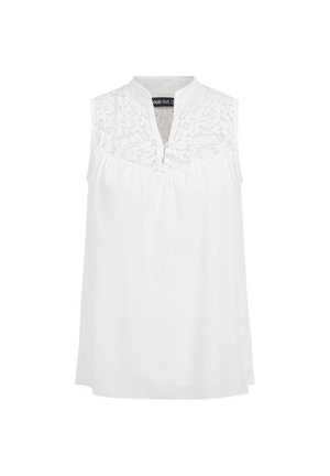 Ærmeløs hvid bluse med blonde detaljer på øverste del af brystet, mandarin-krave og to forreste knapper på blødt, flydende stof.