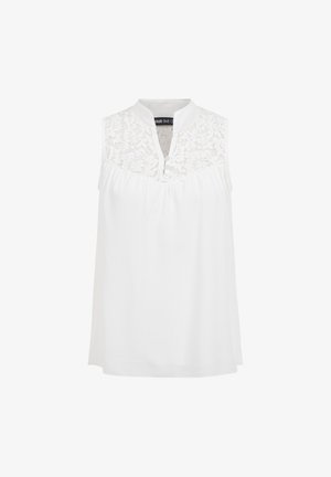 Ærmeløs hvid bluse med blonde detaljer på øverste del af brystet, mandarin-krave og to forreste knapper på blødt, flydende stof.