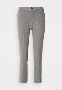 Pantalon gris en chevrons, coupe droite, ajusté sur mesure, fermeture par bouton à la taille, sans poches visibles.