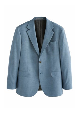 Világoskék zakó texturált mintával, egysoros gombolás, kiképzett hajtókák, mellzseb és két elülső zseb. A belseje sötét.