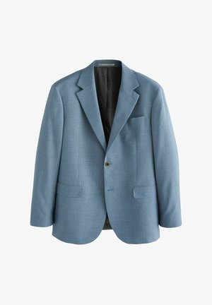 Világoskék zakó texturált mintával, egysoros gombolás, kiképzett hajtókák, mellzseb és két elülső zseb. A belseje sötét.