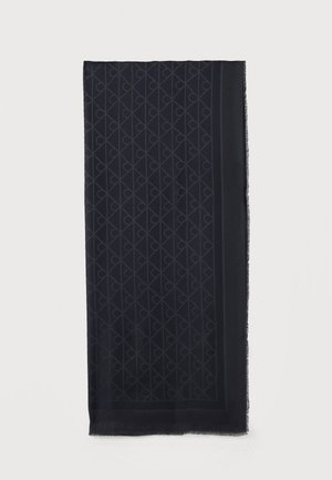 Sciarpa rettangolare blu navy scuro con un delicato motivo geometrico e un bordo solido, distesa su uno sfondo bianco.