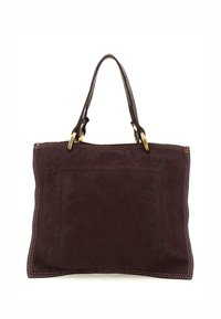 Borsa tote in pelle marrone con un motivo floreale texturizzato, cuciture in rilievo e doppio manico in pelle. Dettagli in metallo dorato alla base.