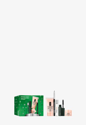 Clinique mvp's gift set in green box with star accents includes a moisturizer, serum, mascara, pencil, and cream. Various bottle shapes and sizes.