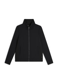 Giacca nera con zip, colletto alto, tasche laterali e dettagli testurizzati lungo i lati. Realizzata in tessuto morbido e flessibile.