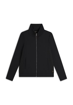 Giacca nera con zip, colletto alto, tasche laterali e dettagli testurizzati lungo i lati. Realizzata in tessuto morbido e flessibile.