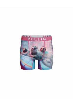 Boxers pour homme avec trois paresseux se prélassant dans une piscine carrelée colorée imprimés sur le tissu, et une ceinture rouge étiquetée "PULLIN".