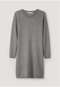 Gray knit sweater dress, featuring a round neck, long sleeves, and a soft texture; designed for a relaxed fit with ribbed cuffs.