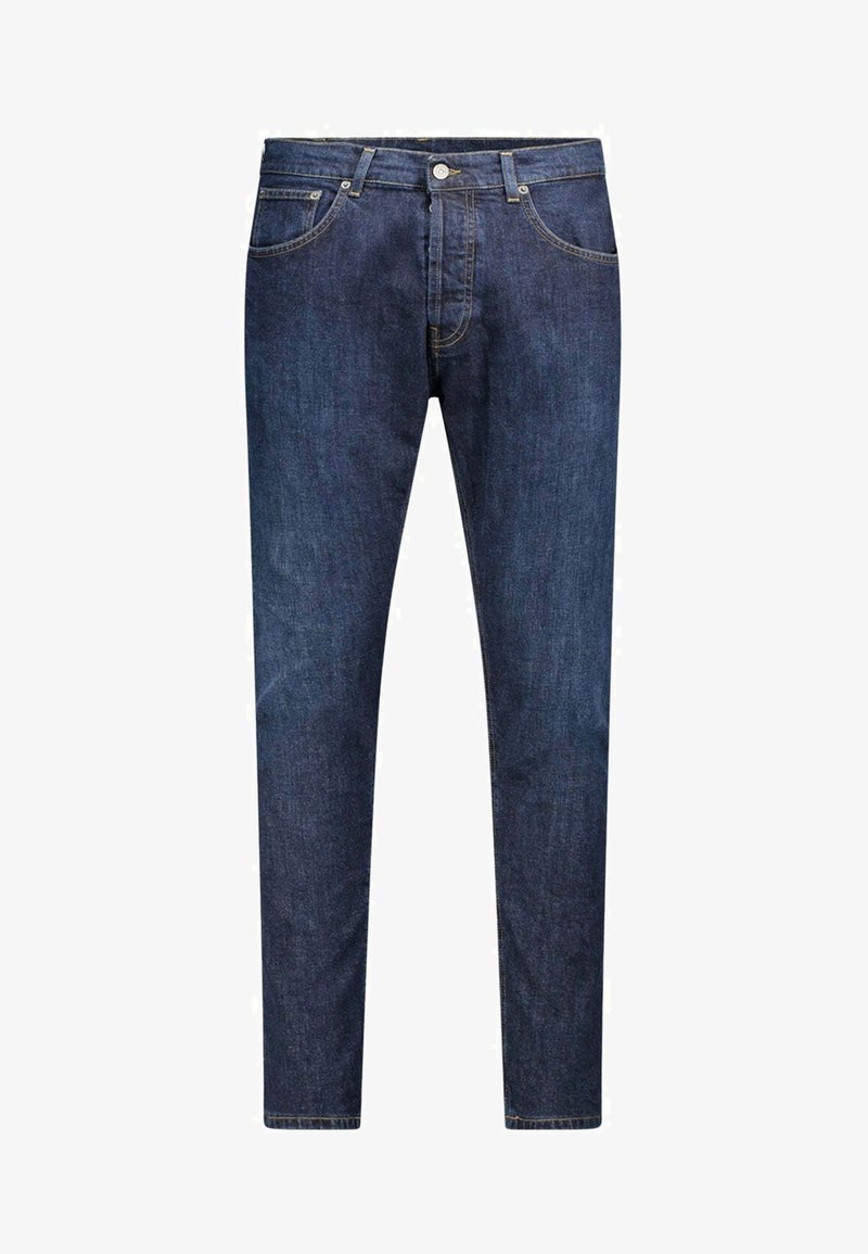 Jeans in denim blu scuro con taglio slim, design a cinque tasche e cuciture a contrasto sulle cuciture. Vita semplice con chiusura a bottone in metallo.