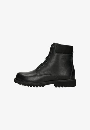 Stivale alla caviglia in pelle nera con punta tonda, chiusura con lacci e tomaia strutturata; presenta una suola in gomma resistente e un colletto imbottito.