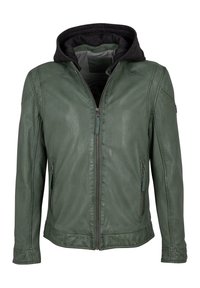 Giacca in pelle verde con cappuccio nero, dotata di zip frontale, due tasche laterali e dettagli delle cuciture. Texture liscia con una vestibilità moderna.