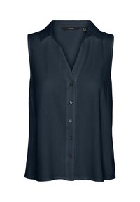 Marinblus utan ärmar med krage, knappstängning fram och en slät yta. Har en avslappnad passform och en subtil lyster.