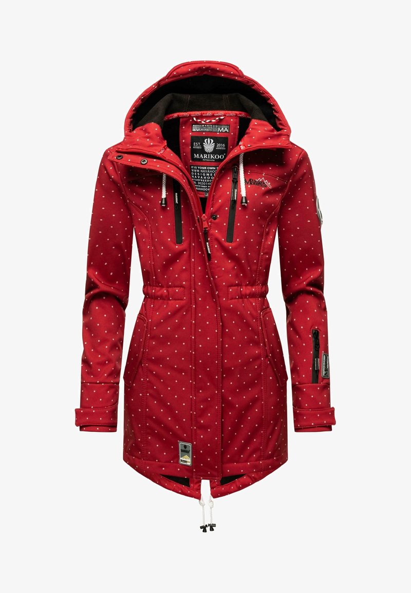 Parka rouge pour femme avec pois blancs, capuche, fermeture éclair frontale et boutons-pression, taille ajustable et plusieurs poches zippées.