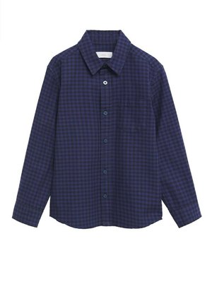 Camicia blu navy a maniche lunghe con bottoni, caratterizzata da un piccolo motivo a quadretti e taschino sul petto.