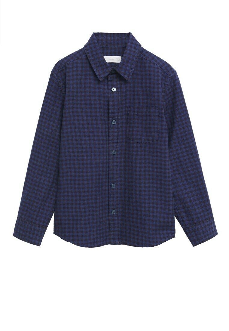 Chemise bleu marine à manches longues avec petit motif à carreaux et poche poitrine.