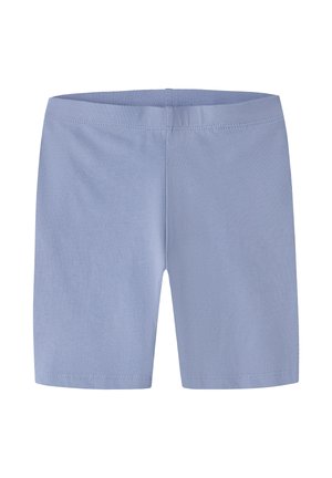 Pantalones cortos elásticos azul claro hasta la rodilla con un diseño liso y cinturilla elástica, mostrados planos sobre un fondo blanco.