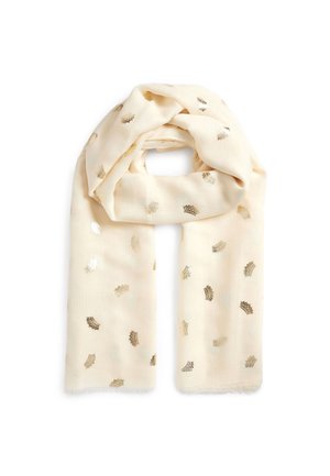 Écharpe crème avec petits motifs de couronnes dorées métalliques, tissu doux, pliée de manière lâche avec des bords frangés sur fond blanc.