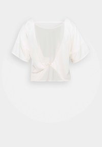 Bílý krátký top s hlubokým výstřihem do V, krátkými širokými rukávy a uzlovým detailem vpředu. Vyrobený z hladké, lehké látky.