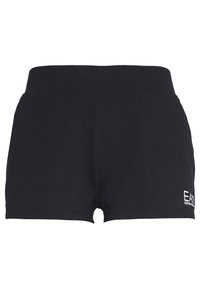 Svarta bomullsshorts med ribbad midja, med en liten vit logotyp på nedre högra sidan och en slät textur.