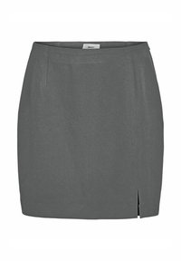 Jupe ajustée gris foncé avec une coupe droite, présentant une fente sur le côté et une texture lisse. Fabriquée dans un tissu léger et durable.