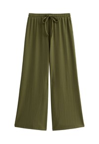 Pantalons larges vert olive en tissu texturé, dotés d'une taille à cordon de serrage et d'un motif à côtes verticales pour un détail supplémentaire.