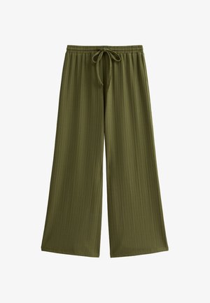 Olive green wide-leg trousers made of textured fabric, featuring a drawstring waist and vertical ribbed pattern for added detail.