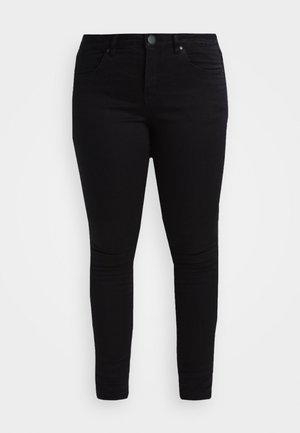Jean noir slim pour femmes avec poches avant, fermeture par bouton et fermeture éclair, présenté sur un fond blanc uni.
