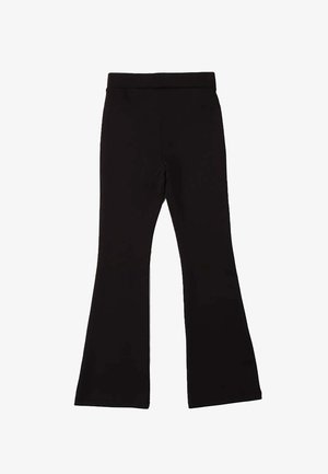 Pantalons évasés noirs en tissu extensible. Dotés d'une ceinture lisse et d'une silhouette ajustée qui s'évasent à partir du genou.
