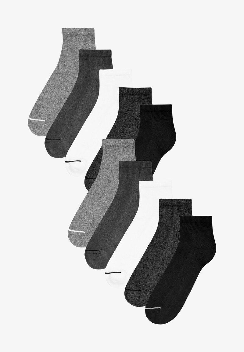Setti kymmenestä sukasta, joissa on sekoitus harmaata, mustaa ja valkoista väriä. Jokaisessa sockassa on sileä pinta ja klassinen nilkkamallinen muotoilu.